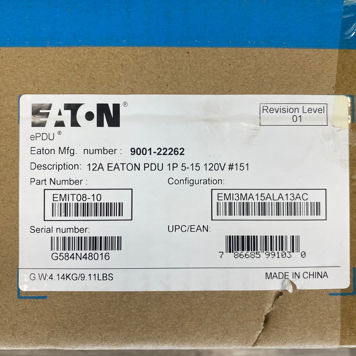 New Eaton EMIT08-10 Metered Input Rack 12A PDU 1P 5-15 120V