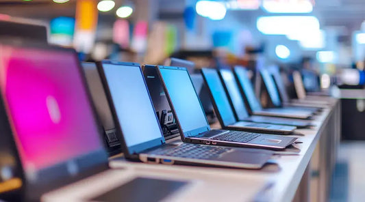 Gaming laptops on display showing high-performance screens at PayMore Doraville