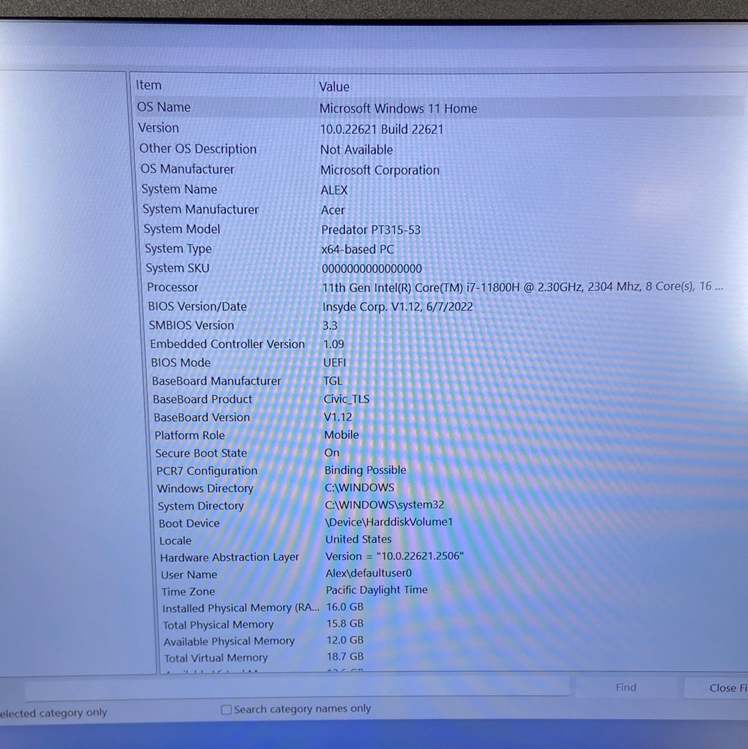 Acer Predator Triton 300 16" i7-11800H RTX 3060 16GB RAM 512GB SSD PT315-35-79FG