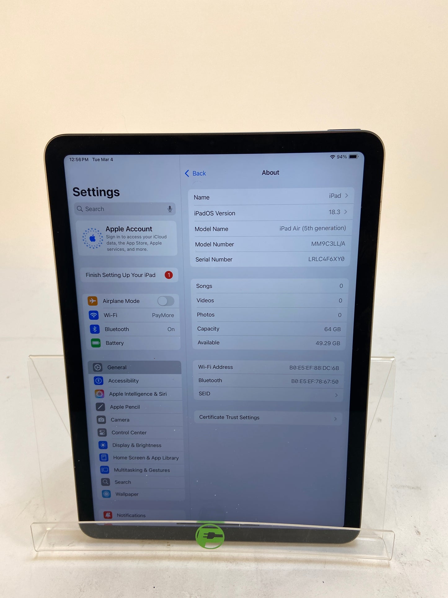 WiFi Only Apple iPad Air 5th Gen 64GB Space Gray A2588