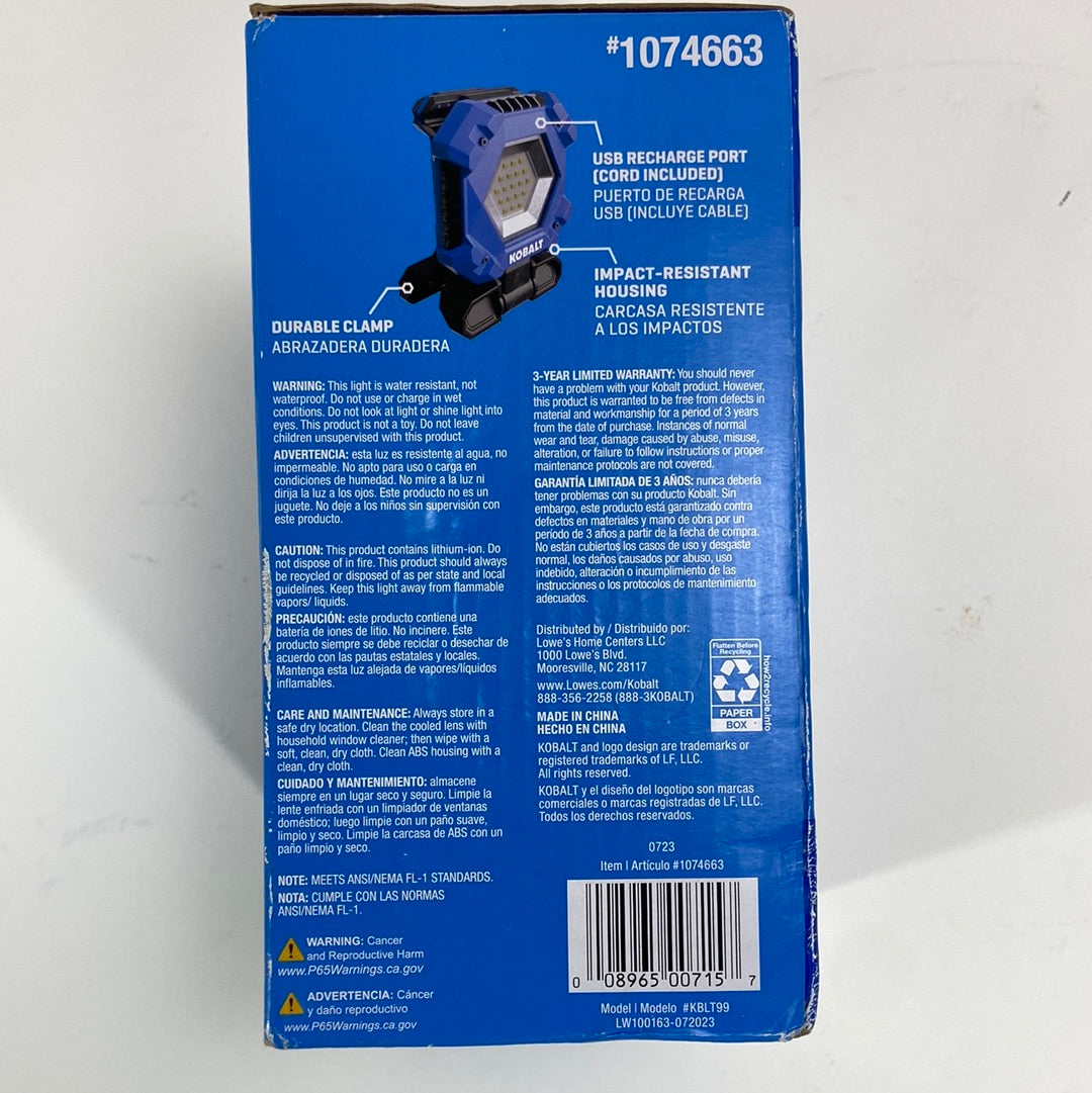 Open Box Kobalt 1500 Lumen Rechargeable Clamp Light #1074663