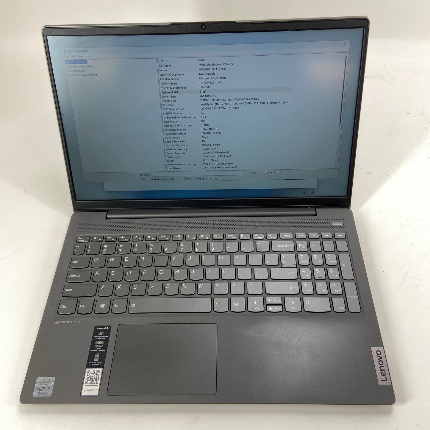 Lenovo Ideapad 5-15IIL05 81YK 15.6" Core i5 1035G1 1.0GHz 8GB RAM 256GB SSD