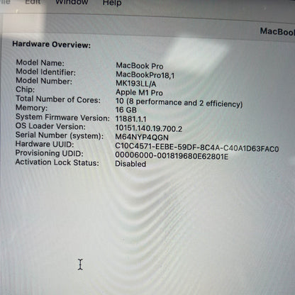 2021 MacBook Pro 16.2" M1 Pro 16C GPU 16GB RAM 1TB SSD MK193LL/A [Good]