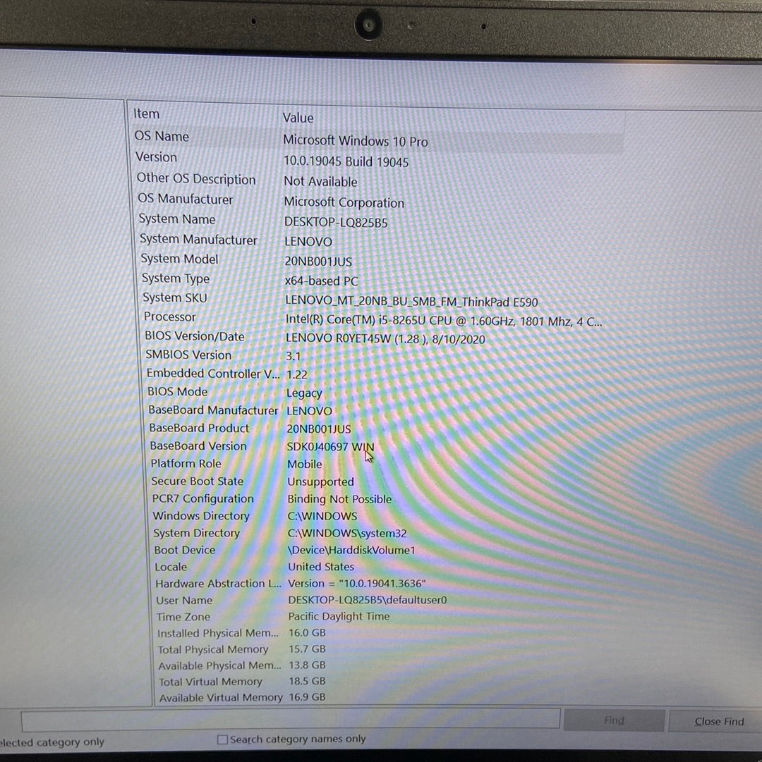 Lenovo ThinkPad E590 20NB001JUS 15.6" i5-8265U 1.6GHz 8GB RAM 256GB SSD Win10Pro